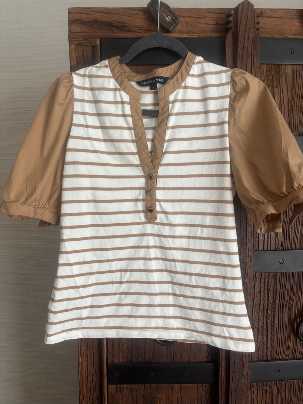 Veronica Beard Cream and Tan Striped Puff-Sleeve Henley Top
